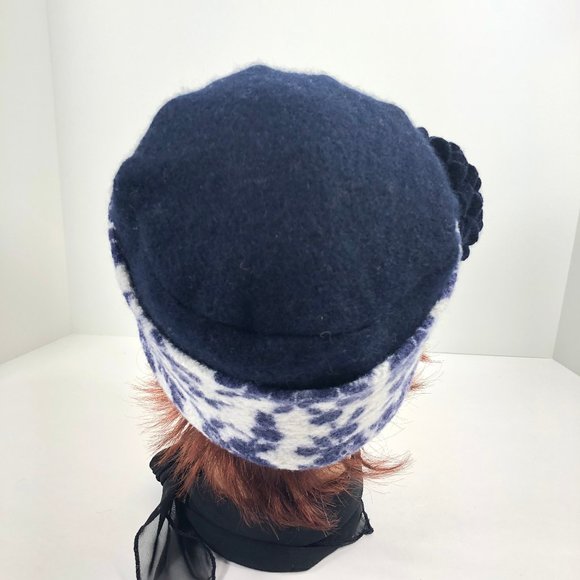 Navy Floral Cashmere Sweater Hat & Flower Pin - Picture 5 of 9